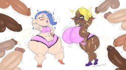 2girls big_breasts big_penis chubby clothed cum female frye_(splatoon) huge_breasts medium_breasts multiple_penises nintendo no_bra panties penis shiver_(splatoon) sketchyboi08 splatoon splatoon_3 thick_thighs