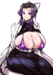 1girls 2023 big_breasts bikini_top black_hair butterfly_hair_ornament cleavage cleavage_overflow demon_slayer female female_focus female_only gggg hair_ornament hi_res high_resolution highres huge_breasts japanese_clothes kimetsu_no_yaiba kochou_shinobu large_breasts light-skinned_female light_skin nipple_bulge overflowing_breasts purple_eyes purple_hair shirt_lift short_hair solo solo_female solo_focus two_tone_hair white_background