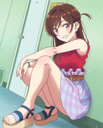 1girls blush brown_eyes brown_hair clothed clothing feet female female_only kanojo_okarishimasu long_hair mizuhara_chizuru panties pantyshot pantyshot_(sitting) sandals skirt smile smiling solo solo_female solo_focus tagme