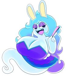 2023 alpha_channel anthro big_breasts black_pupils blue_hair breasts cleavage clothed clothing dress female folding_fan ghost hair half-closed_eyes hi_res holding_fan huge_breasts lagomorph leporid mammal mario_(series) mario_+_rabbids mario_+_rabbids:_sparks_of_hope midnite_(mario_+_rabbids) narrowed_eyes open_mouth ota_(artist) pupils purple_eyes rabbid raving_rabbids solo spirit transparent_background white_body