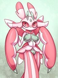 2023 anthro arthropod breasts female female_focus female_only front_view generation_7_pokemon genitals green_nipples hi_res looking_at_viewer lurantis nintendo nipples nude nude_female pink_body pokemon pokemon_(species) pokemorph portrait pussy skye3337 solo three-quarter_portrait