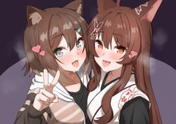 2girls :3 ahoge animal_ear_fluff animal_ears asymmetrical_docking black_shirt blush breast_press breath brown_hair butterfly_hair_ornament cat_ears cat_girl commission cum cum_in_mouth cum_on_tongue facial fish_hair_ornament fox_ears fox_girl fumi_(nijisanji) fumino_tamaki green_eyes hair_between_eyes hair_ornament hood hoodie japanese_clothes kimono light-skinned_female light_skin long_hair long_sleeves looking_at_viewer medium_hair mitarashinejiri multiple_girls nijisanji nose_blush open_clothes open_hoodie open_mouth shirt short_hair skeb_commission smile striped striped_hoodie tongue tongue_out v very_long_hair virtual_youtuber white_kimono yellow_eyes