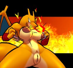 absurd_res anthro areola biped black_background breasts charizard female fire_background generation_1_pokemon genitals gonda hi_res nintendo nipples open_mouth orange_body pokemon pokemon_(species) pussy simple_background solo