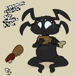 4_eyes anthro arachnid arthropod basic_background black_fur de-flator dialogue disembodied_hand dont_starve dont_starve_together food inflated_belly inflation klei_entertainment male male_only saliva sitting solo spider stuffing webber