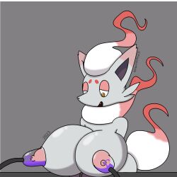 big_breasts hisuian_zorua jcpspiderman lactation milk nintendo nipples pokémon_(species) pokemon tail white_fur yellow_eyes zorua