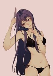 1girls 5_fingers artist_name black_bra black_panties blood bow_bra bow_panties bra cuts doki_doki_literature_club female female_only girl girl_only gore guro holding holding_knife holding_object holding_weapon julilyn knife long_hair matching_underwear navel panties purple_eyes purple_hair self_harm self_harm_scars solo solo_female solo_focus weapon yuri_(doki_doki_literature_club)