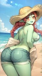 1girls ass ass_focus beach bikini bikini_top blush charlotte_(isekai_slow_life) female game_cg goblin goblin_female green_skin isekai_slow_life looking_at_viewer pointy_ears red_eyes red_hair straw_hat twin_braids