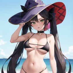 ai_generated beach bikini black_bikini black_hair choclobollo genshin_impact long_hair long_pigtails mona_(genshin_impact) posing standing twintails water witch_hat