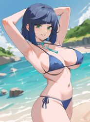 1girls armpits arms_behind_head beach big_breasts bikini blue_hair busty female female_only genshin_impact green_eyes large_breasts navel nvl ocean pose posing sensual sexy_armpits short_hair smile solo water yelan_(genshin_impact)