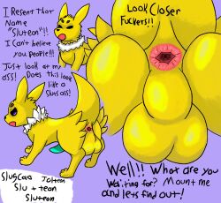 anus ass balls dialogue eeveelution feral gaping gaping_anus generation_1_pokemon genitals hi_res hybrid jolteon male nintendo penis pokemon pokemon_(species) presenting presenting_hindquarters raised_tail solo tail tapering_penis thick_tail vulnec yellow_body