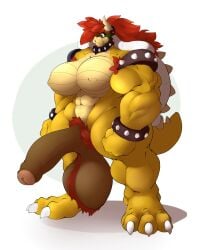 2017 3_toes abs anthro balls bowser breasts feet female_bowser freebird11 genitals gynomorph hair hi_res horn intersex koopa mario_(series) mtg_crossgender mti_crossgender muscular muscular_gynomorph muscular_intersex navel nintendo nipples nude penis red_hair rule_63 scalie simple_background solo standing toes white_background