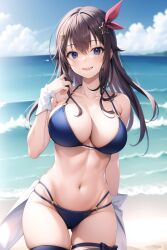 1girls ai_generated beach bikini blue_bikini blue_eyes brown_hair cleavage hair_ornament hair_ribbon hololive large_breasts ocean outdoors red_ribbon smile solo stable_diffusion star_(symbol) sunny tokino_sora virtual_youtuber