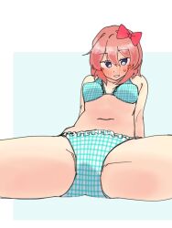 1female 1girls bare_shoulders blue_eyes blush_lines bow bra doki_doki_literature_club female female_only girl girl_only hair_bow hair_ornament hairbow kentylevel matching_underwear only_female panties red_bow red_hair_bow red_hair_ornament red_hairbow sayori_(doki_doki_literature_club) solo solo_female solo_focus strawberry_blonde_hair underwear_only