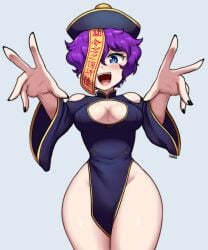 1girls blue_eyes boob_window breasts clothed dako dakosito female female_focus female_only halloween halloween_costume jiangshi jiangshi_costume looking_at_viewer medium_breasts open_mouth original_character purple_hair short_hair simple_background thick thick_thighs thighs umiko_(dakosito) wide_hips