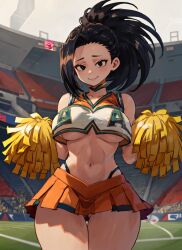 1girls ai_generated big_breasts black_eyes black_hair boku_no_hero_academia cheerleader cheerleader_uniform hi_res large_breasts mabi_ai midriff momo_yaoyorozu my_hero_academia navel pom_poms ponytail thick_thighs thigh_gap u.a._cheerleader_outfit underboob wide_hips yaoyorozu_momo