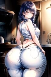 1girls ai_generated anime blue_hair blush braid breasts detailed_background hair_over_shoulder huge_ass kitchen looking_at_viewer medium_hair narrow_waist neutral_expression shokugeki_no_souma stable_diffusion tadokoro_megumi thick_thighs white_pants white_shirt wide_hips