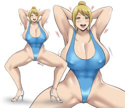 1girls armpits big_breasts big_thighs blonde_hair blush breasts busty cleavage exercise_clothing female female_only hands_behind_head high_heels huge_breasts huge_thighs large_breasts large_thighs metroid nintendo samus_aran shiibara_tetsu solo solo_female thick_thighs thighs voluptuous white_background