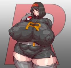 1girls 2020s 2023 2d 2d_(artwork) absurd_res absurdres alternate_version_available bbw black_hair erect_nipples erika_(pokemon) female female_focus female_only game_freak giant_breasts huge_breasts hyper_breasts large_breasts massive_breasts nintendo over_1080p over_480p overweight overweight_female pokemon pokemon_rgby ponkotsuu short_hair solo solo_female solo_focus team_rocket_uniform thick_thighs venus_body voluptuous wide_hips