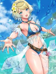 1girls alternate_costume armpits bikini blonde_hair blue_bikini blue_eyes blue_swimsuit bracelet breasts cleavage criss-cross_halter female female female_only fire_emblem fire_emblem_heroes fjorm_(fire_emblem) fjorm_(summer)_(fire_emblem) flower hair_flower hair_ornament halterneck highres jewelry looking_at_viewer medium_breasts navel nintendo official_alternate_costume smile snow20200 solo swimsuit