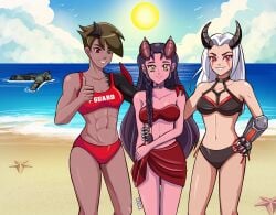 1boy 3girls abs asymmetrical_arms athletic athletic_female beach beach_background beach_episode bikini bikini_skirt black_bikini black_choker black_hair black_swimsuit black_tattoo brown_hair choker clouds collar confident corruption cybernetic_arm cybernetic_limb cybernetics dahlia_(day_of_wrath) dark-skinned_female dark_skin day_of_wrath day_of_wrath_(doom_fanfic) demon demon_girl demon_horns demoness deniacp doom doom_(series) doom_slayer_(doom) doomguy elite_guard_(doom) fit fit_female funny grabbing_waist hand_on_another's_hip hand_on_another's_shoulder hand_on_hip hand_on_shoulder happy_female hazel_eyes infinitypilot lifeguard lifeguard_swimsuit light_skin light_skinned_female long_hair muscular muscular_female neck_tattoo ocean original original_character original_characters praetor_suit red_eyes red_skin red_swimsuit robotic_arm robotic_arms robotic_limb robotic_limbs ruby_taylor_(day_of_wrath) shy sinister smile smiling succubus succubus_horns summer sun swimsuit tattoo tattoo_on_neck thumbs_up waist_wrap water white_hair yellow_eyes zeta_(day_of_wrath) zoe_thompson_(day_of_wrath)