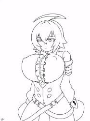 1girls ahoge animated black_and_white blazblue bouncing_breasts braid busty camerata clothed emotionless erect_nipples_under_clothes es_(xblaze) female_focus female_only huge_breasts long_hair nipple_bulge shortstack sole_female solo xblaze