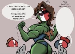 1boy 1girls canada_(countryhumans) corset countryballs countryhumans countryhumans_girl eyebrows_visible_through_hair female france_(countryhumans) male meme mexico_(countryhumans) mimmy-chan spanish_text text