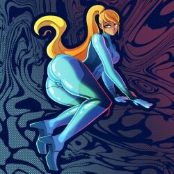 ass big_ass blonde_hair blue_eyes bubble_ass bubble_butt curvaceous curvy curvy_body curvy_female curvy_figure dual_dragon female fully_clothed huge_ass laying_down laying_on_side looking_back metroid pinup pinup_pose ponytail presenting_hindquarters round_ass samus_aran sideboob simple_background skin_tight thick_thighs tight_clothing wide_hips zero_suit zero_suit_samus