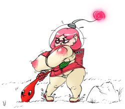 1girls astronauts big_breasts breasts brittany_(pikmin) cameltoe glasses helmet holding holding_weapon huge_breasts hyper hyper_breasts jpm lactation large_breasts nintendo nipples_visible_through_clothing pikmin pikmin_(species) pikmin_3 pink_hair red_glasses red_pikmin short_hair shortstack simple_background spacesuit suit sweatdrop thick_thighs thighs