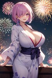 1girls ai_generated balcony breasts cleavage fate/grand_order fate_(series) female fireworks hair_over_one_eye hi_res hips huge_breasts light-skinned_female light_skin luni1116 mash_kyrielight pink_hair purple_eyes short_hair solo stable_diffusion thick_thighs thighs wide_hips yukata