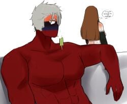 1boy 1girls big_breasts blush breasts brown_hair countryhumans countryhumans_girl grey_hair ice_cream idkcocco male_focus mexico_(countryhumans) muscular muscular_male red_body red_skin russia_(countryhumans) simple_background spanish_text text white_background white_body white_skin