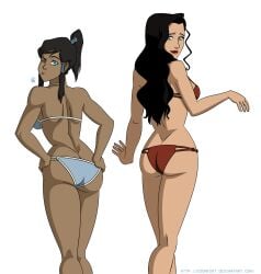 2girls asami_sato ass avatar_legends bikini black_hair blue_eyes brown_hair canon_couple chocolate_and_vanilla coonfoot dark-skinned_female female female_only green_eyes korra light-skinned_female lipstick long_hair medium_ass nickelodeon png ponytail smile swimsuit the_avatar the_legend_of_korra tied_hair transparent_background water_tribe wink yuri