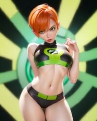 1girls aged_up ai_generated ben_10 exposed_thighs female ginger_hair green_background gwen_tennyson looking_at_viewer midriff navel onlyfakes.ai petite pooplool pursed_lips short_hair sole_female solo solo_female tagme thighs thin_female tilted_head tomboy