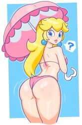 1girls ass ass_focus bikini blonde_hair blue_eyes bra bubble_butt earrings female female_only long_hair luma_draws mario_(series) nintendo panties pink_bikini princess_peach solo sweaty_butt swimsuit umbrella