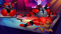 2023 3_toes 4_toes 5_fingers abs anthro ass back_muscles biceps big_butt big_muscles biped bottomwear clothed clothing dialogue digital_media_(artwork) duo facesitting featureless_chest feet fingers gay generation_7_pokemon hi_res huge_butt huge_muscles incineroar looking_back male male/male muscular nintendo nude pecs pokemon pokemon_(species) quads rear_view silversketch simple_background sitting_on_another speech_bubble stinkface thick_thighs toes topless triceps wide_hips