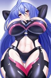 big_breasts bodysuit iris_heart looking_at_viewer looking_down neptunia_(series) plutia purple_eyes purple_hair stiris_rangetsu thick_thighs