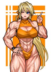 abs biceps blonde_hair blue_eyes curvy hair_ribbon hand_on_hip long_hair looking_at_viewer midriff muscular muscular_arms muscular_female muscular_thighs original pale-skinned_female pale_skin thick_thighs veiny_muscles wide_hips winking_at_viewer workout_clothes yuto_noirm08