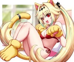 bikini blonde_hair cat_ears cat_paws cat_tail endou_lily female red_bikini red_eyes sedai_one smile smile_at_viewer thong twintails virtual_youtuber