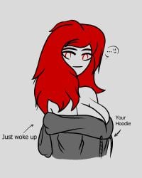 ... artist_request big_breasts cleavage hoodie just_woke_up looking_at_viewer overly_sarcastic_productions oversized_clothes oversized_hoodie red_(overly_sarcastic_productions) red_hair smile sole_female unknown_artist youtube youtuber