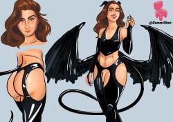 big_ass big_butt brown_hair demon femboy flat_chest flat_chested green_eyes gummichair incubus latex latex_clothing latex_gloves latex_stockings latex_thighhighs original original_artwork original_character penis succubus tail wide_hips wings