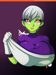 1girls 5_fingers alien alien_girl alternate_body_type alternate_breast_size big_breasts breasts cheelai clothed clothed_female clothing dragon_ball dragon_ball_super dragon_ball_super_broly female female_alien female_focus female_only giant_breasts gigantic_breasts gloves green_body green_skin hand_on_clothing high_resolution highres huge_breasts hyper_breasts large_breasts latex latex_suit orange_eyes orange_pupils purple_background purple_clothing short_hair simple_background smile smile_at_viewer smiley_face smiling_at_viewer solo solo_female solo_focus white_gloves white_hair xross_arts