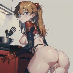 1girls ai_generated ass asuka_langley_sohryu cum female female_only katsuprime kitchen neon_genesis_evangelion plugsuit solo souryuu_asuka_langley stable_diffusion sweat