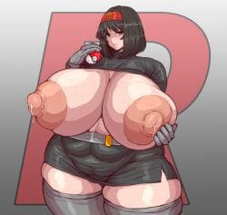 1girls 2020s 2023 2d 2d_(artwork) absurd_res absurdres alternate_version_available bbw black_hair breasts_out erect_nipples erika_(pokemon) female female_focus female_only game_freak giant_breasts huge_breasts hyper_breasts large_breasts massive_breasts nintendo over_1080p over_480p overweight overweight_female pokemon pokemon_rgby ponkotsuu short_hair solo solo_female solo_focus team_rocket_uniform tease teasing thick_thighs venus_body voluptuous wide_hips