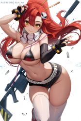 1girls abp_art bikini_top booty_shorts breasts female gun huge_breasts light-skinned_female light_skin long_hair ponytail red_hair short_shorts shorts smile tengen_toppa_gurren_lagann thighs yoko_littner