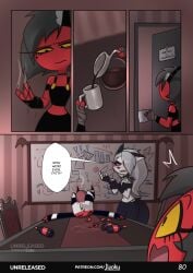 1boy 2girls black_hair coffee coffee_cup coffee_mug comic comic_page comic_panel demon demon_boy demon_girl demon_horns demon_tail demoness faint fainted female hellhound helluva_boss imp jizoku loona_(helluva_boss) male moxxie_(helluva_boss) page_80 red_body red_skin tagme vivienne_medrano vivziepop white_hair wolf_ears yellow_eyes