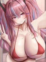 1girls azur_lane bikini breasts bremerton_(azur_lane) cleavage female huge_breasts light_skin long_hair metae peace_sign pink_eyes pink_hair red_bikini twintails