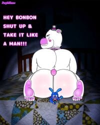 2anthro 2boys animatronic anthro_male ass ass_smothering bear bedroom bedroom_setting big_ass big_butt blue_body blue_fur bubble_butt butt domination fat_ass femboy five_nights_at_freddy's five_nights_at_freddy's:_sister_location five_nights_at_freddy's_4 freddy_(fnaf) funtime_freddy funtime_freddy_(fnafsl) gay gay_domination grinding heart kumabear357 looking_back male_only power_bottom presenting_ass puppet_bonnie_(fnafsl) sister_location small_sub_big_dom solo solo_male talking_to_another text top_hat white_body white_fur