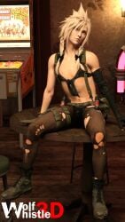 3d 3d_(artwork) blonde_hair blue_eyes bra bulge cloud_strife cosplay crossdressing final_fantasy final_fantasy_vii final_fantasy_vii_remake harness metal_gear_solid_v panties pantyhose quiet_(metal_gear)_(cosplay) seventh_heaven wolfwhistle3d