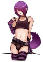 1boy 2n5 arm_strap belt black_nails bulge clothes_pull earrings emo emo_boy femboy fingerless_gloves girly gloves goth goth_boy hair_over_one_eye jewelry male male_focus male_only male_with_painted_nails midriff mikel-kun nail_polish navel original otoko_no_ko piercing purple_eyes purple_hair simple_background smile solo solo_focus solo_male striped striped_thighhighs tail thighhighs trap twink white_background