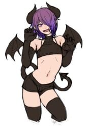 1boy 2d 2d_(artwork) 2n5 arched_back bare_shoulders black_clothing bulge claw_pose costume demon demon_boy demon_horns demon_tail demon_wings earrings elbow_gloves emo emo_boy fangs fangs_out femboy girly gloves goth goth_boy hair_over_one_eye highres horns jewelry lip_piercing male male_only medium_hair midriff mikel-kun navel original otoko_no_ko piercing purple_eyes purple_hair sharp_teeth shorts solo solo_male stockings tagme tail thighhighs trap turtleneck twink wings