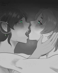 2girls blue_eyes cyan_eyes female female_only freckles french_kiss green_eyes greyscale kissing monochrome multiple_girls nora_valkyrie pyrrha_nikos rwby tongue tongue_kiss tongue_out trajectory yuri